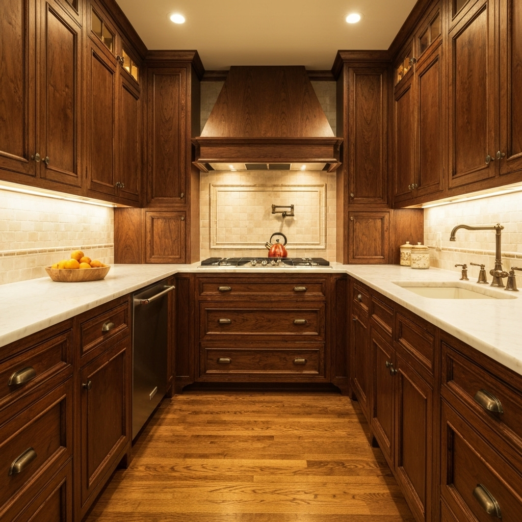 Klassikaline köök tumeda dekoratiivspooniga