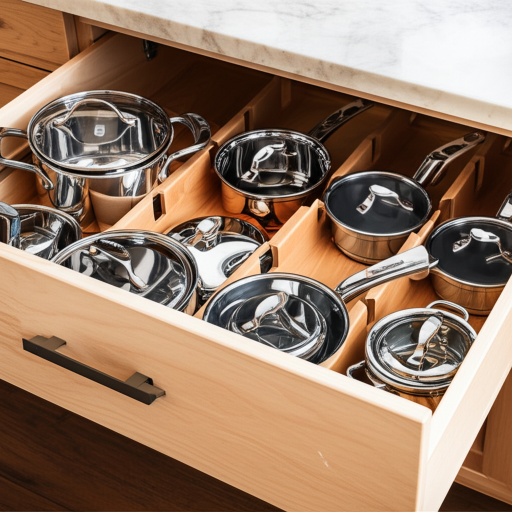 Глубокий ящик с органайзером для кастрюль и сковородок