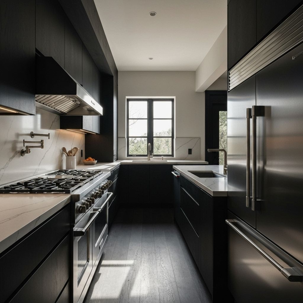 Tume elegantne köök Technistone kvartsist töötasapinnaga