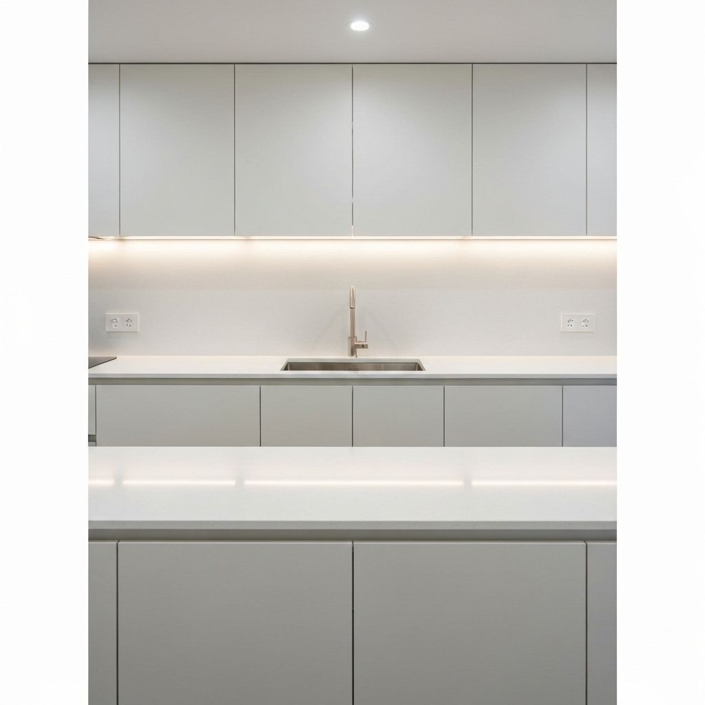 Minimalistlik köök Technistone kvartsist töötasapinnaga