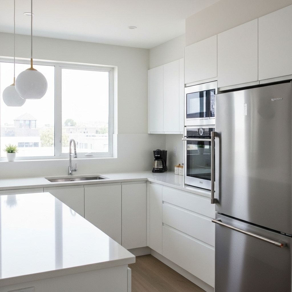 Kaasaegne valge köök Technistone kvartsist töötasapinnaga