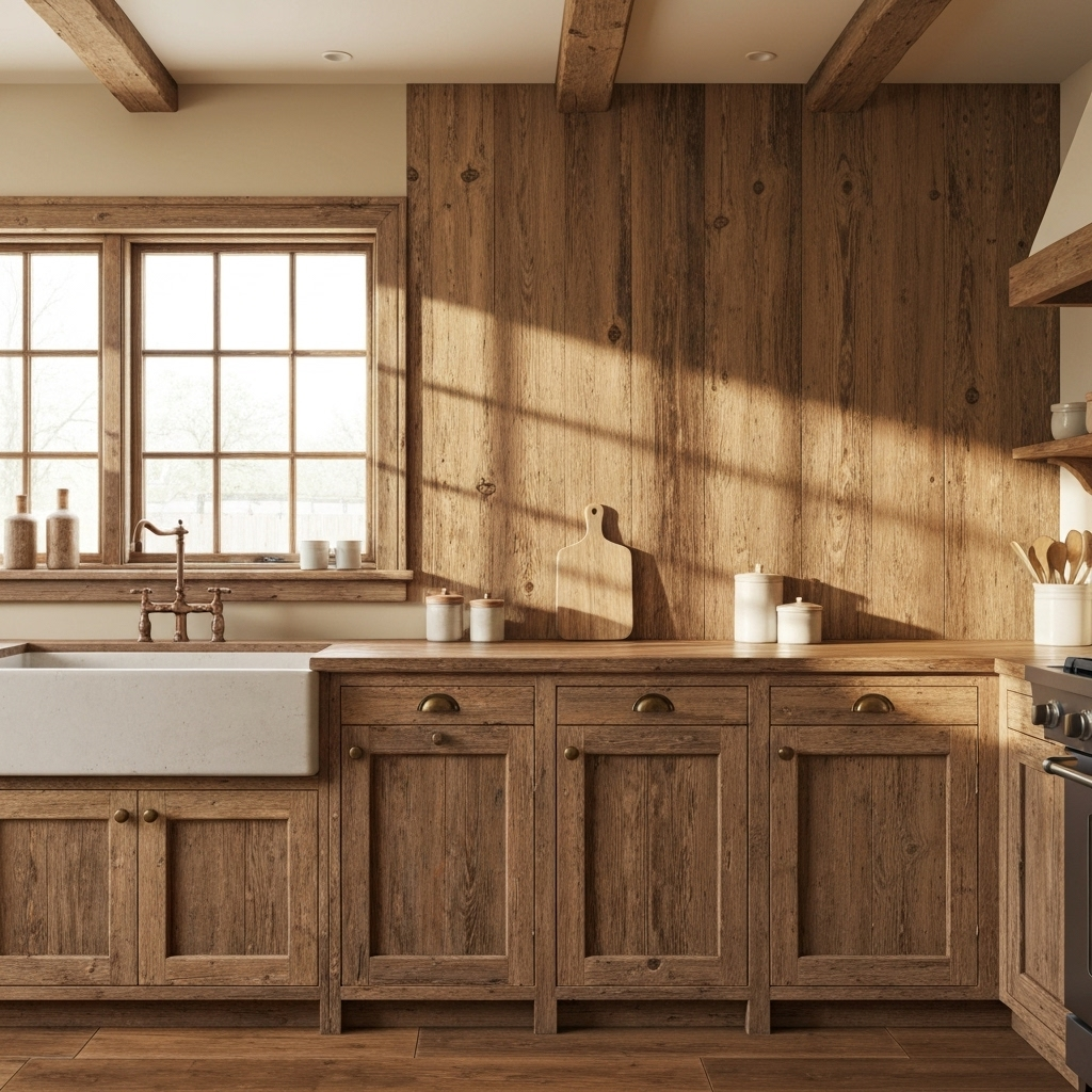Rustikaalne köök vananenud dekoratiivspooniga