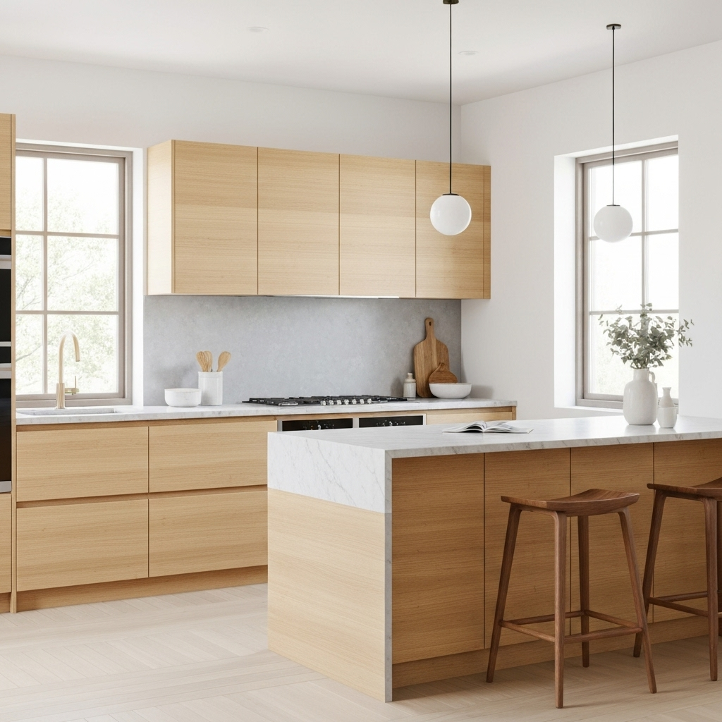 Skandinaavia stiilis köök heleda dekoratiivspooniga